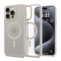   Spigen Ultra Hybrid Magfit Apple iPhone 15 Pro tok, MagSafe, bézs kerettel, átlátszó