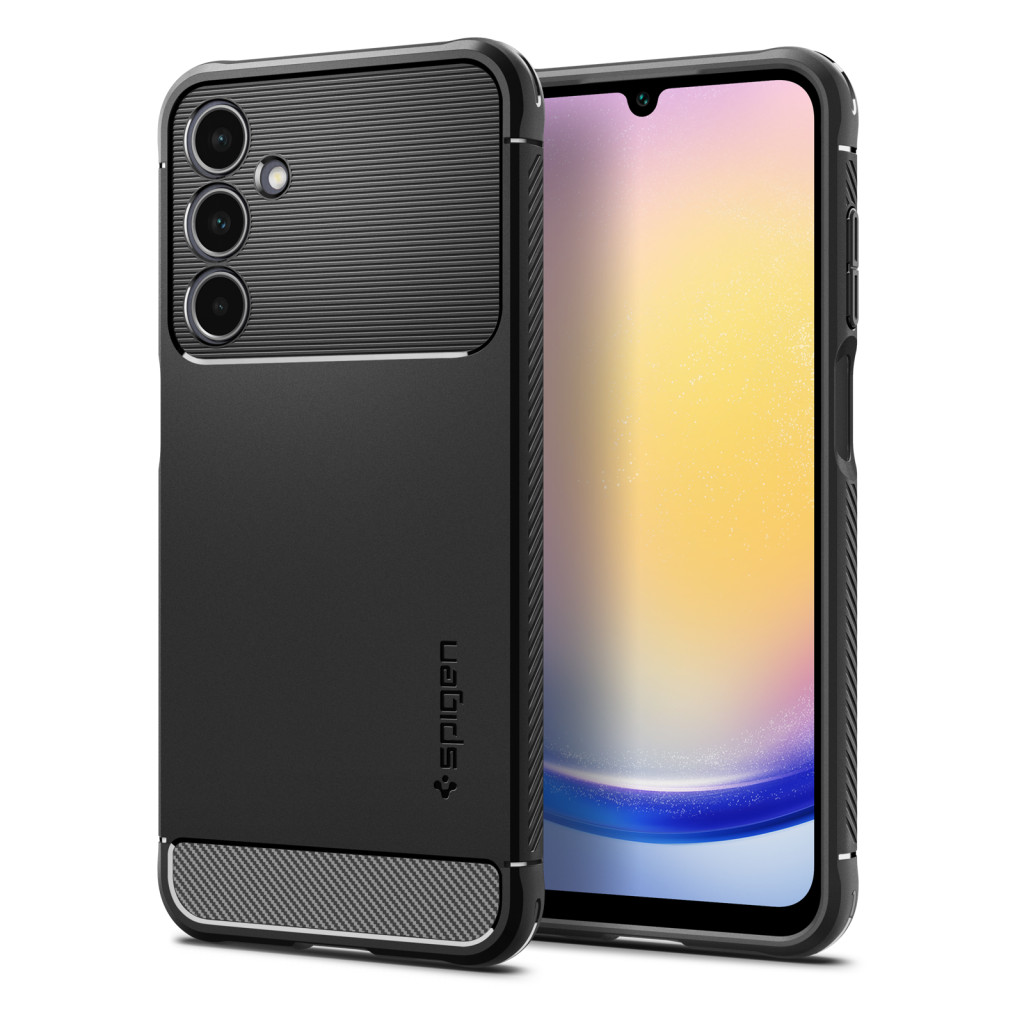 Spigen Rugged Armor szilikon mobiltelefon tok, légpárnás sarokkal - fekete, karbon minta | Samsung Galaxy A25 (SM-A256)