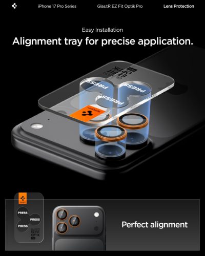 Spigen Glas.tR EZ Fit Optik Pro Apple iPhone 17 Pro / 17 Pro Max / 16 Pro / 16 Pro Max / 15 Pro / 15 Pro Max / 14 Pro / 14 Pro Max, Tempered kameralencse-védő fólia felhelyező kerettel, narancs (2db)
