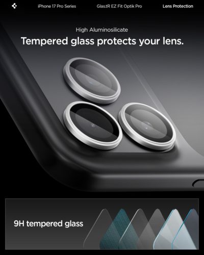 Spigen Glas.tR EZ Fit Optik Pro Apple iPhone 17 Pro / 17 Pro Max / 16 Pro / 16 Pro Max / 15 Pro / 15 Pro Max / 14 Pro / 14 Pro Max, Tempered kameralencse-védő fólia felhelyező kerettel, ezüst (2db)