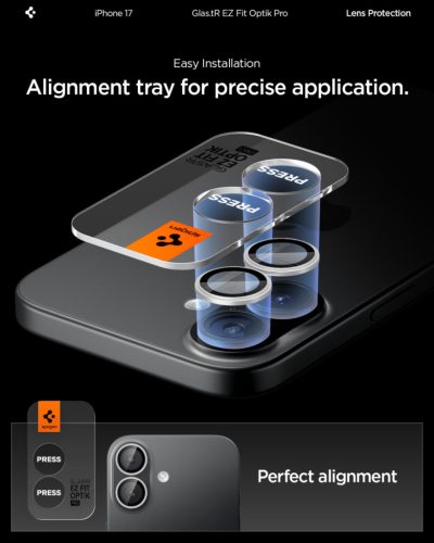Spigen Glas.tR EZ Fit Optik Pro Apple iPhone 17 / 16 Plus / 16, Tempered kameralencse-védő fólia felhelyező kerettel, ezüst (2db)