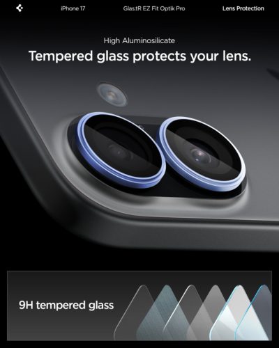 Spigen Glas.tR EZ Fit Optik Pro Apple iPhone 17 / 16 Plus / 16, Tempered kameralencse-védő fólia felhelyező kerettel, kék (2db)