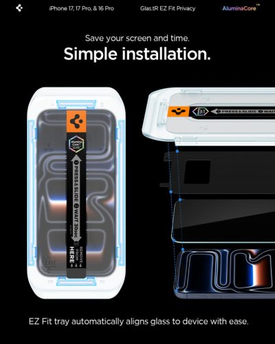 Spigen Glas.tR EZ Fit Privacy Apple iPhone 17 Pro Max / 16 Pro Max tempered kijelzővédő fólia felhelyező kerettel