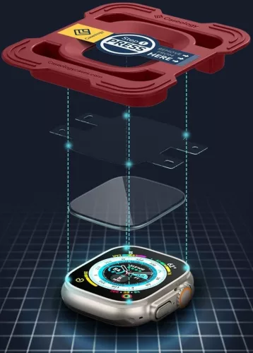 Spigen Caseology Snap Fit Apple Watch Ultra 1-3 (49 mm) Tempered Glass kijelzővédő üvegfólia felhelyező kerettel, átlátszó (2db)