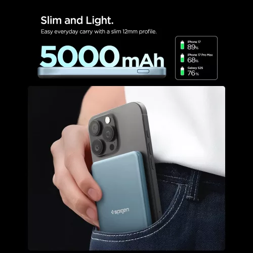 Spigen EA2205MQ Essential Powerbank / külső akkumulátor, mágneses, MagSafe, kompakt, 5000mAh, 22.5W, Qi2, kék