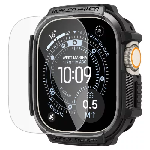 Spigen Rugged Armor Apple Watch Ultra 3 / 2 / 1 49mm tok, kijelzővédő felülettel, matt fekete