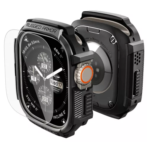 Spigen Rugged Armor Apple Watch Ultra 3 / 2 / 1 49mm tok, kijelzővédő felülettel, matt fekete