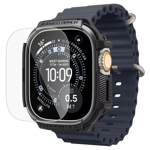 Spigen Rugged Armor Apple Watch Ultra 3 / 2 / 1 49mm tok, kijelzővédő felülettel, matt fekete