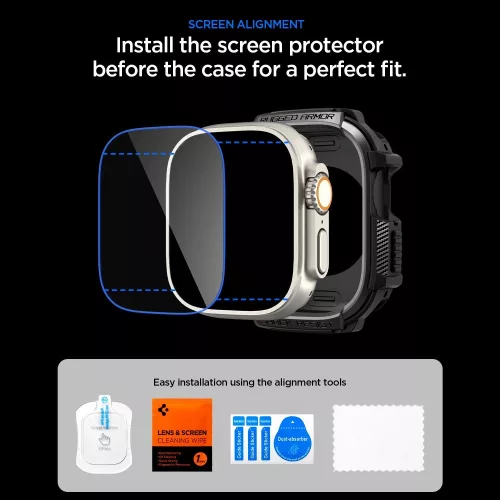 Spigen Rugged Armor Apple Watch Ultra 3 / 2 / 1 49mm tok, kijelzővédő felülettel, matt fekete