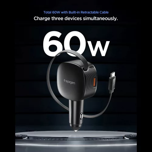 Spigen Essential EV603BT autós töltő, USB-C-USB-A, USB-C kábellel, 60W, fekete