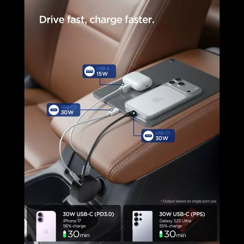 Spigen Essential EV603BT autós töltő, USB-C-USB-A, USB-C kábellel, 60W, fekete