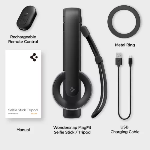 Spigen S571W Bluetooth mágneses Selfie-bot / selfie tripod, MagSafe, kompakt, töltő-és adatkábellel, fekete