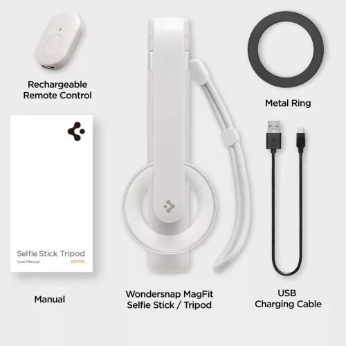 Spigen S571W Bluetooth mágneses Selfie-bot / selfie tripod, MagSafe, kompakt, töltő-és adatkábellel, bézs