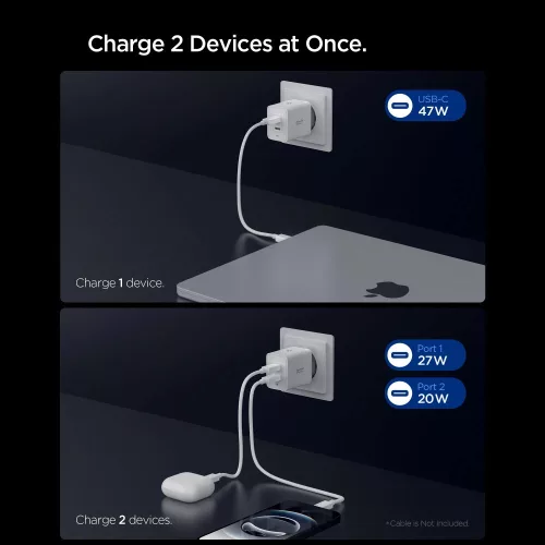 Spigen Essential EE472EU USB-C 2-portos hálózati töltő adapter, 47W, fehér