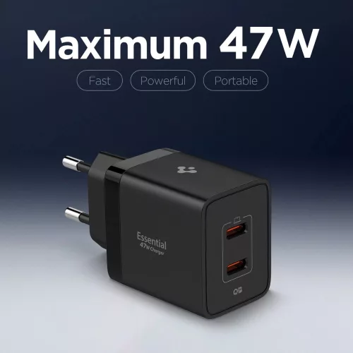 Spigen Essential EE472EU USB-C 2-portos hálózati töltő adapter, 47W, fekete