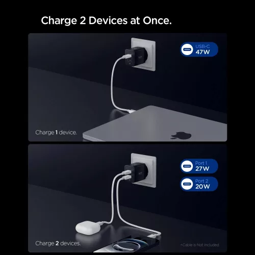 Spigen Essential EE472EU USB-C 2-portos hálózati töltő adapter, 47W, fekete