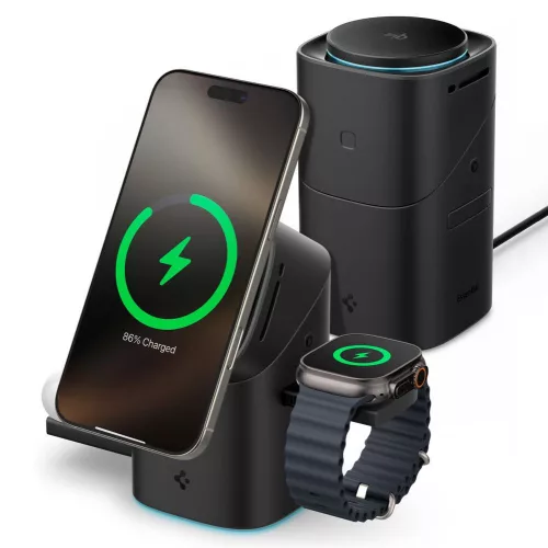 Spigen EF223MS vezeték nélküli wireless gyorstöltő, MagSafe, 3in1, Qi2, 15W, fekete (Apple Watch / Airpods / iPhone)