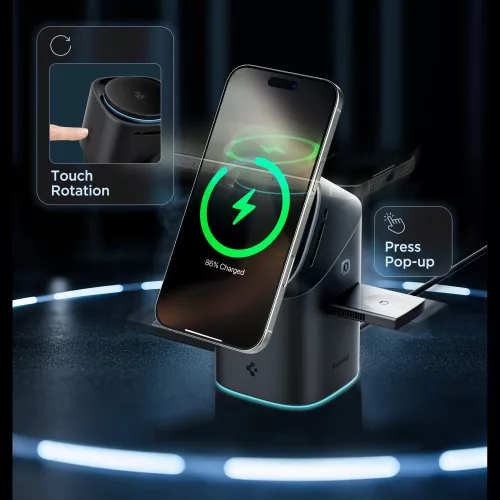 Spigen EF223MS vezeték nélküli wireless gyorstöltő, MagSafe, 3in1, Qi2, 15W, fekete (Apple Watch / Airpods / iPhone)