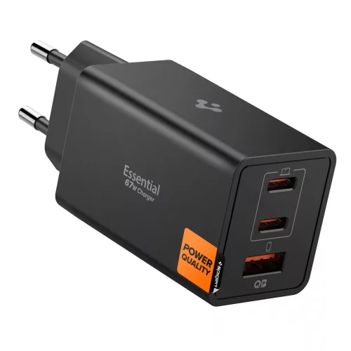 Spigen Essential EE472EU 2xUSB-C-USB-A 3-portos hálózati töltő adapter, 67W, fekete