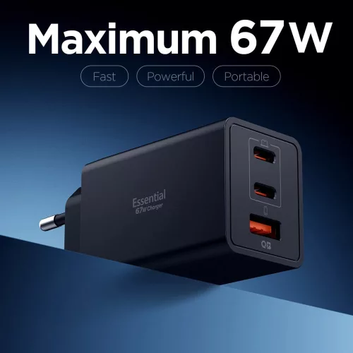 Spigen Essential EE472EU 2xUSB-C-USB-A 3-portos hálózati töltő adapter, 67W, fekete
