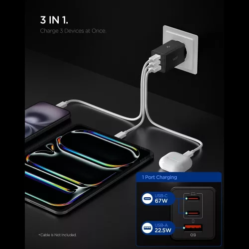 Spigen Essential EE472EU 2xUSB-C-USB-A 3-portos hálózati töltő adapter, 67W, fekete