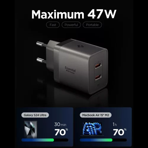 Spigen Essential EE472EU 2xUSB-C 2-portos hálózati töltő adapter, GaN, 47W, Gunmetal, szürke