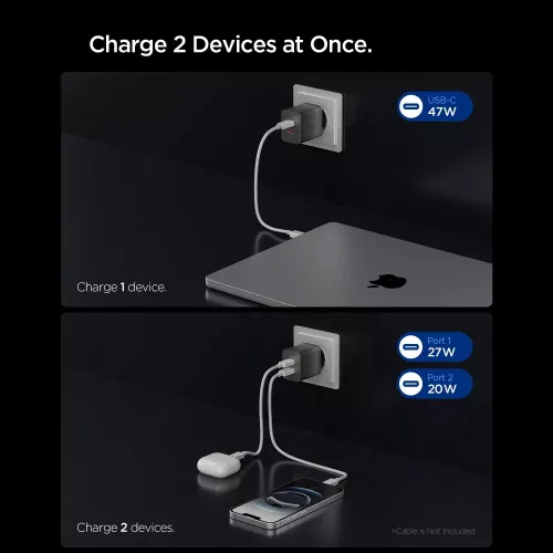 Spigen Essential EE472EU 2xUSB-C 2-portos hálózati töltő adapter, GaN, 47W, Gunmetal, szürke