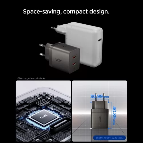 Spigen Essential EE472EU 2xUSB-C 2-portos hálózati töltő adapter, GaN, 47W, Gunmetal, szürke