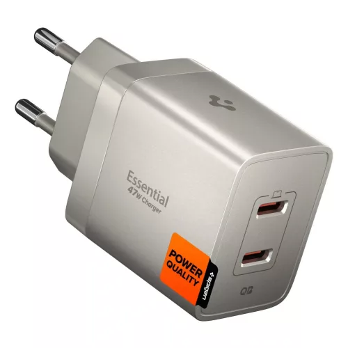 Spigen Essential EE472EU 2xUSB-C 2-portos hálózati töltő adapter, GaN, 47W, Titanium, ezüst