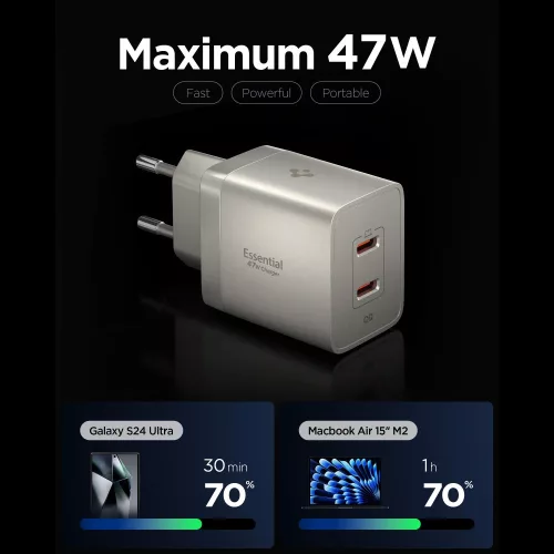 Spigen Essential EE472EU 2xUSB-C 2-portos hálózati töltő adapter, GaN, 47W, Titanium, ezüst