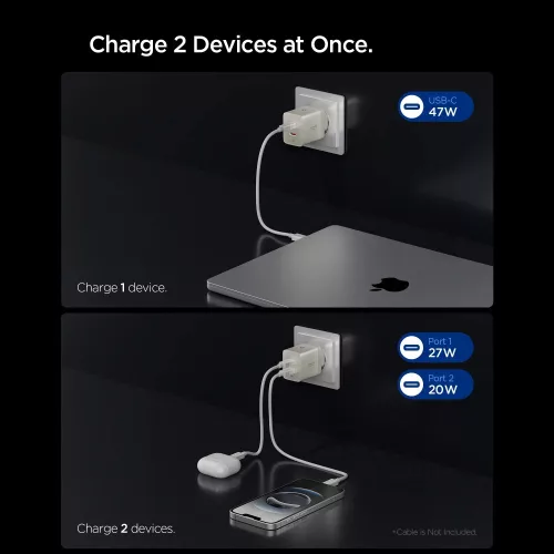 Spigen Essential EE472EU 2xUSB-C 2-portos hálózati töltő adapter, GaN, 47W, Titanium, ezüst