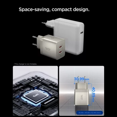 Spigen Essential EE472EU 2xUSB-C 2-portos hálózati töltő adapter, GaN, 47W, Titanium, ezüst