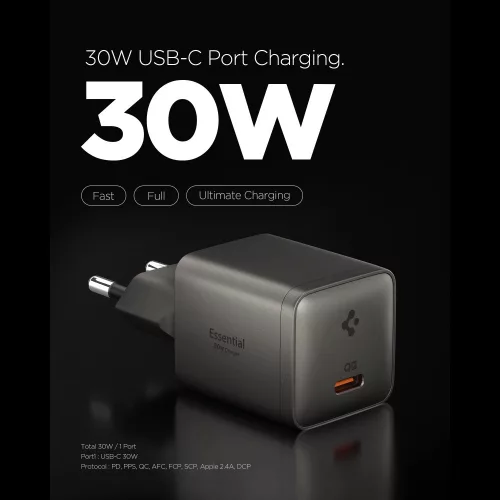 Spigen Essential E301EU USB-C hálózati töltő adapter, kompakt, GaN, 30W, Gunmetal, szürke