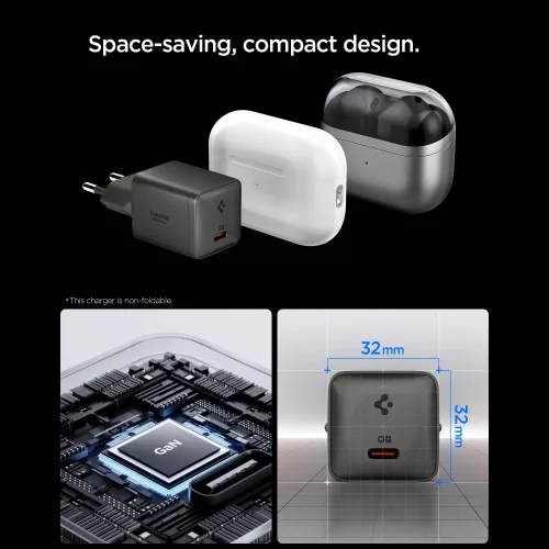 Spigen Essential E301EU USB-C hálózati töltő adapter, kompakt, GaN, 30W, Gunmetal, szürke